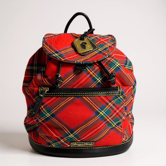 Dooney & Bourke Handbags - Dooney & Bourke VTG Large Red Tartan Plaid & Leather Backpack Drawstring TR573
